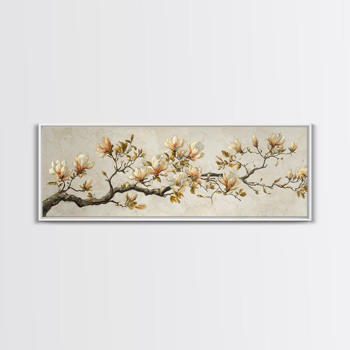 Delicate Magnolia Branch on Cream Background Framed Canvas Print, Above Bed Art, Bedroom Wall Decor, Bedroom Decor, Serenity, ABA-3x1-32
