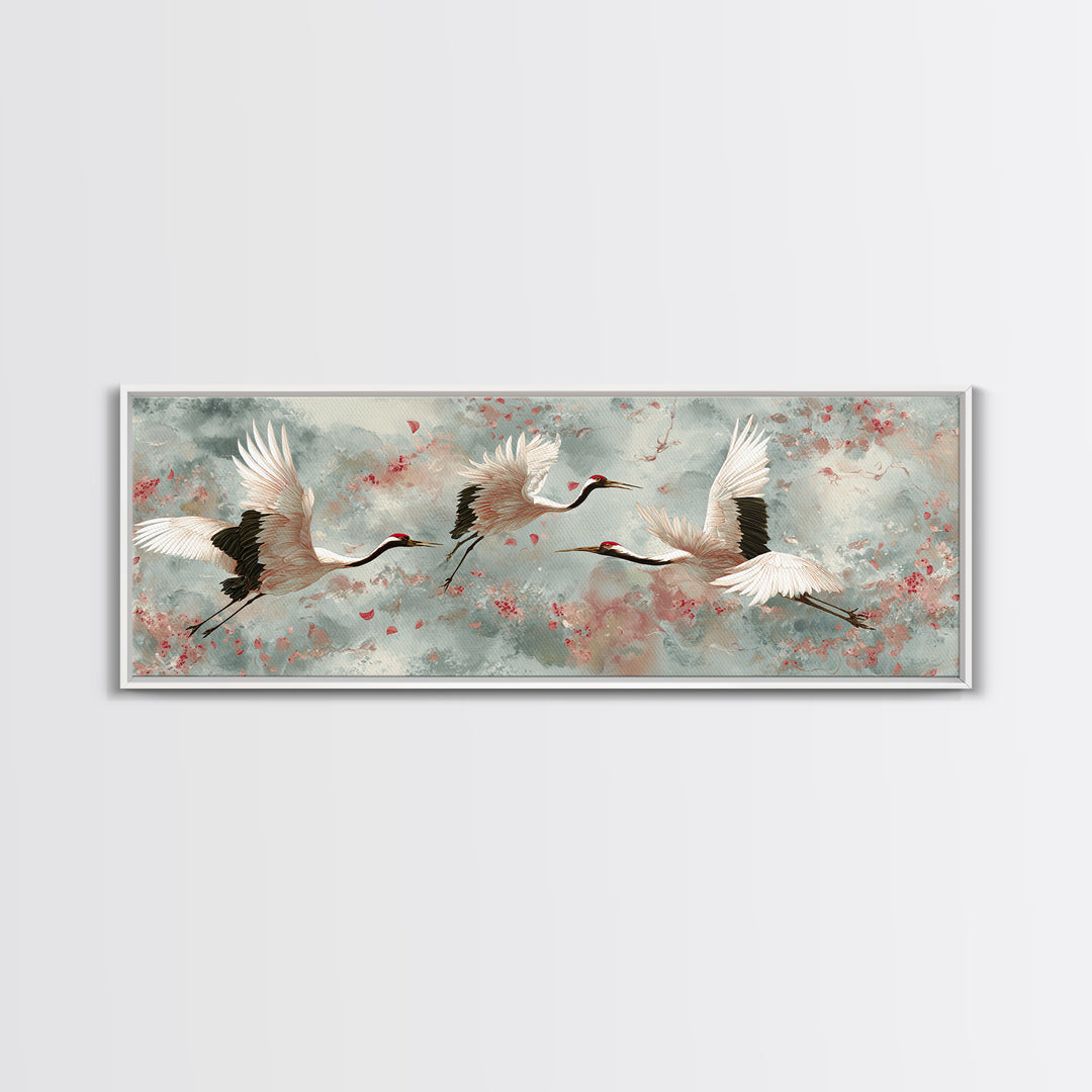 Ethereal Cranes Flying Through Pale Morning Mist Canvas Print, Above Bed Art, Dopamine Decor, Bedroom Decor, Abstract Art, ABA-3x1-49