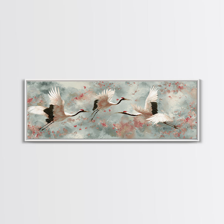 Ethereal Cranes Flying Through Pale Morning Mist Canvas Print, Above Bed Art, Dopamine Decor, Bedroom Decor, Abstract Art, ABA-3x1-49