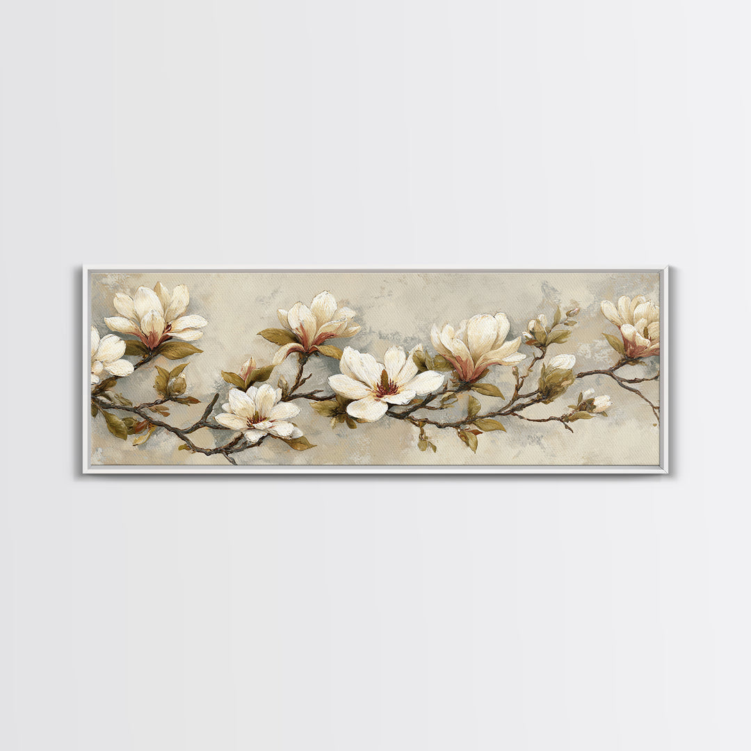 Delicate Magnolia Branch on Cream Background Canvas Print, Above Bed Art, Textured Painting, Bedroom Decor, Serenity, ABA-3x1-56