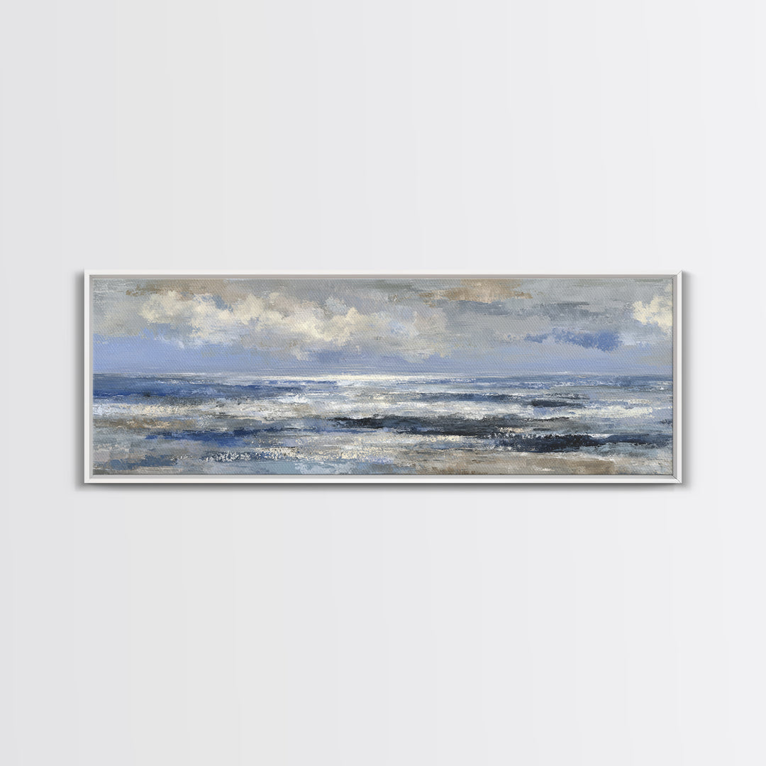 Quiet Moon over a Calm Ocean Horizon Framed Canvas Print, Above Bed Art, Large Wall Art, Bedroom Decor, Fine Art, Serenity, ABA-3x1-67