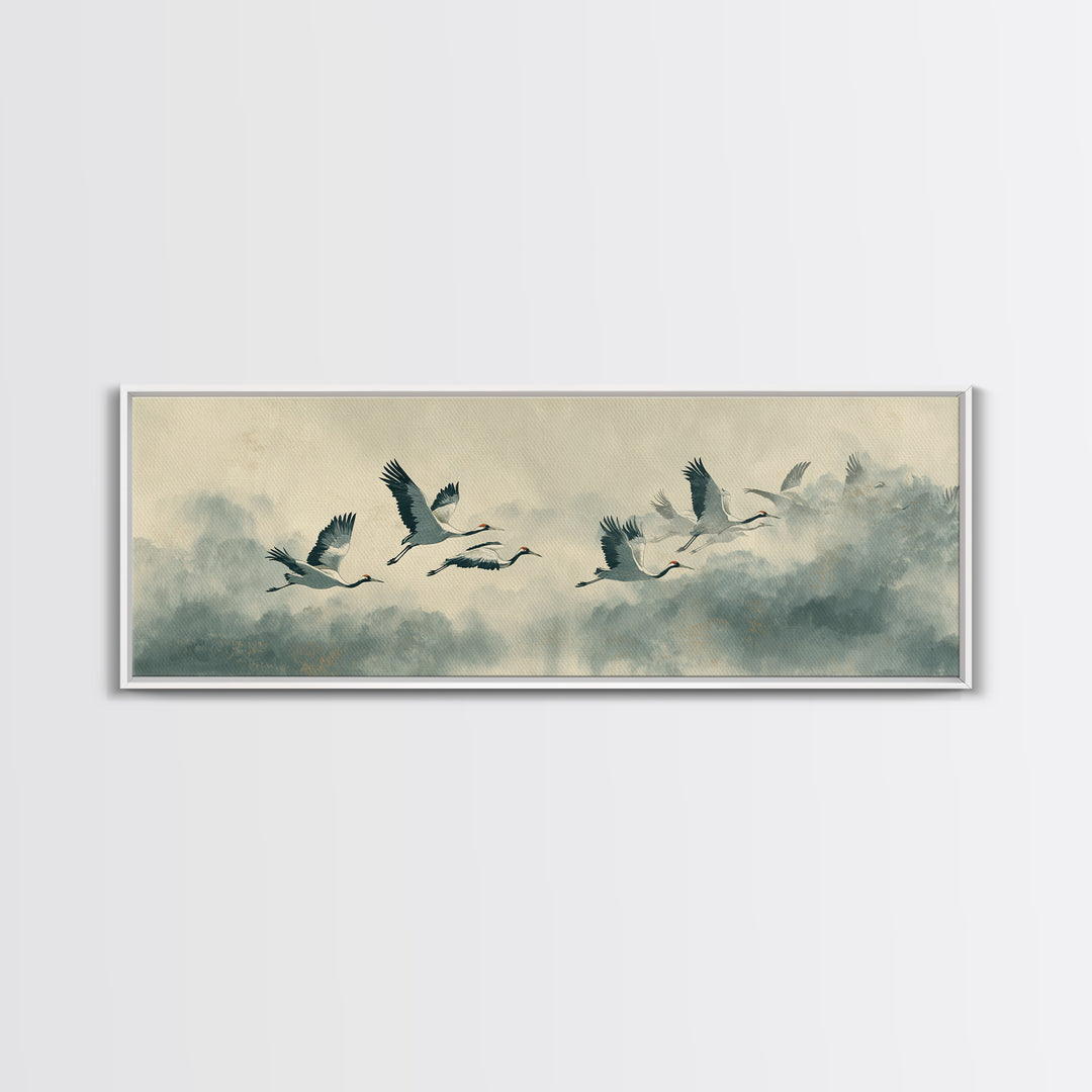 Ethereal Cranes Flying Through Pale Morning Mist Canvas Print, Above Bed Art, Living Room Wall Art, Bedroom Decor, Serenity, ABA-3x1-73