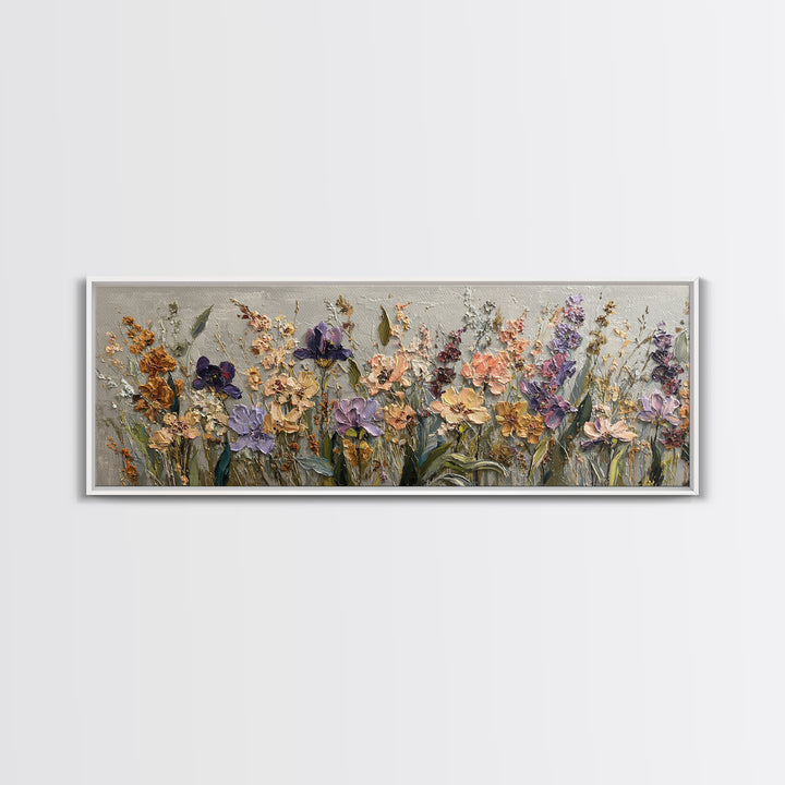 Wide Meadow of Muted Wildflowers at Dusk Framed Canvas Print, Above Bed Art, Whimsical Decor, Bedroom Decor, Fine Art, Serenity, ABA-3x1-74