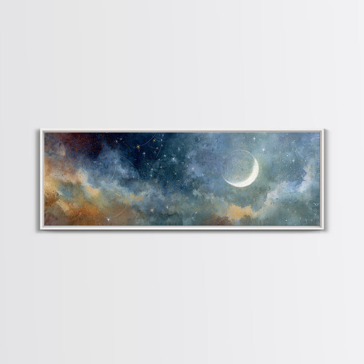 Subtle Celestial Scene Framed Canvas Print, Above Bed Art, Japanese Wall Art, Bedroom Decor, Fine Art, Serenity, Neutral Decor, ABA-3x1-77