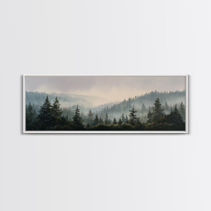 Quiet Forest Ridge Softened by Fog Canvas Print, Above Bed Art, Digital Prints, Bedroom Decor, Oil Painting, Serenity, ABA-3x1-78