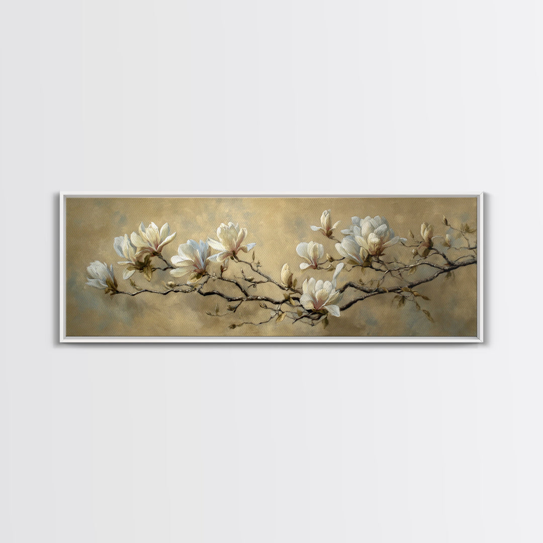 Delicate Magnolia Branch on Cream Background Canvas Print, Above Bed Art, Digital Prints, Bedroom Decor, Watercolor Art, ABA-3x1-80