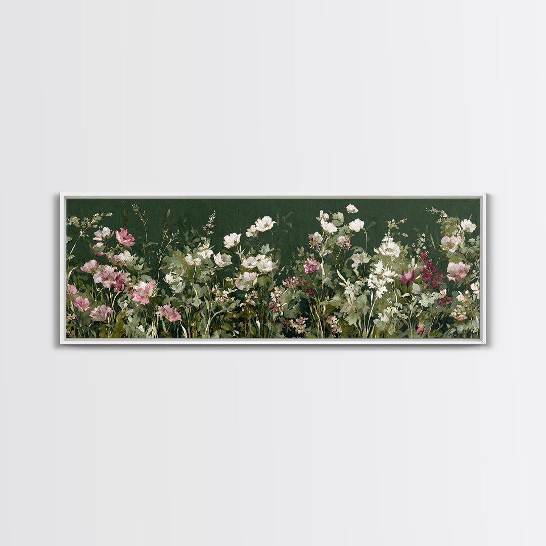 Wide Meadow of Muted Wildflowers at Dusk Canvas Print, Above Bed Art, Boho Wall Decor, Bedroom Decor, Oil Painting, Serenity, ABA-3x1-98