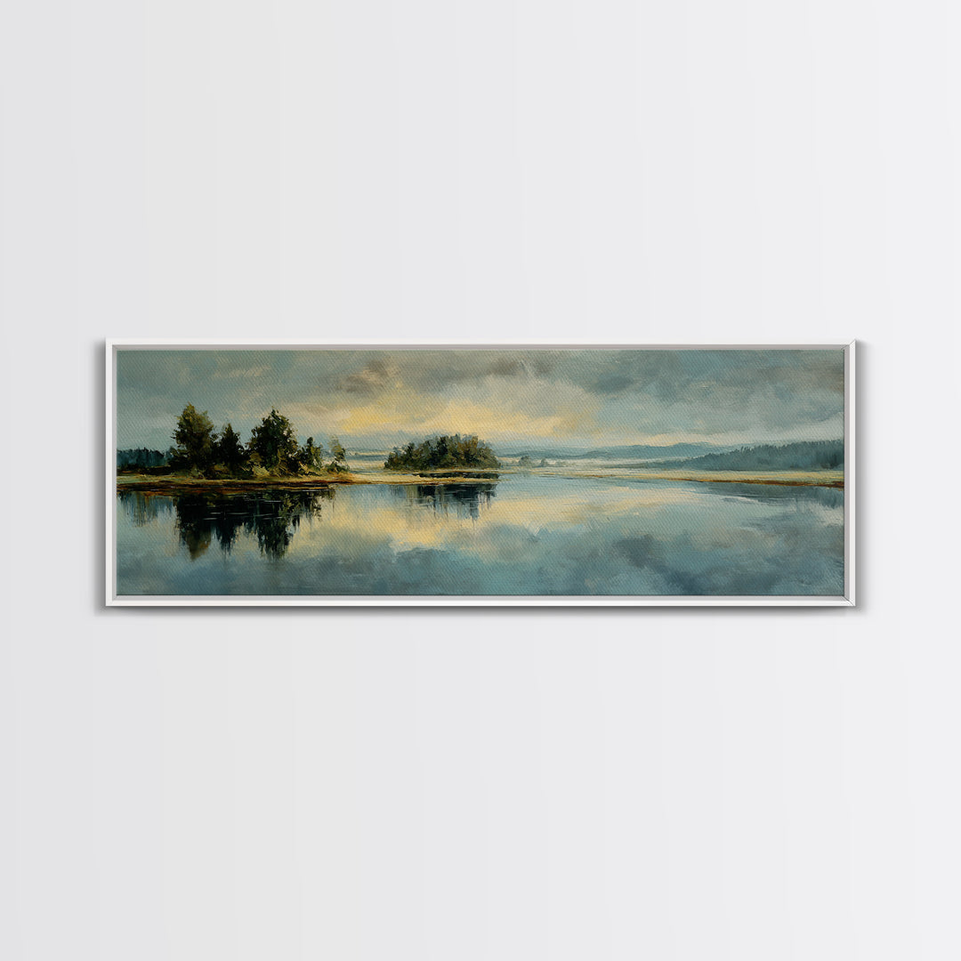 Calming Lake Reflection Framed Canvas Print, Above Bed Art, Bedroom Decor, Oil Painting, Serenity, Canvas Wall Art, ABA-3x1-99