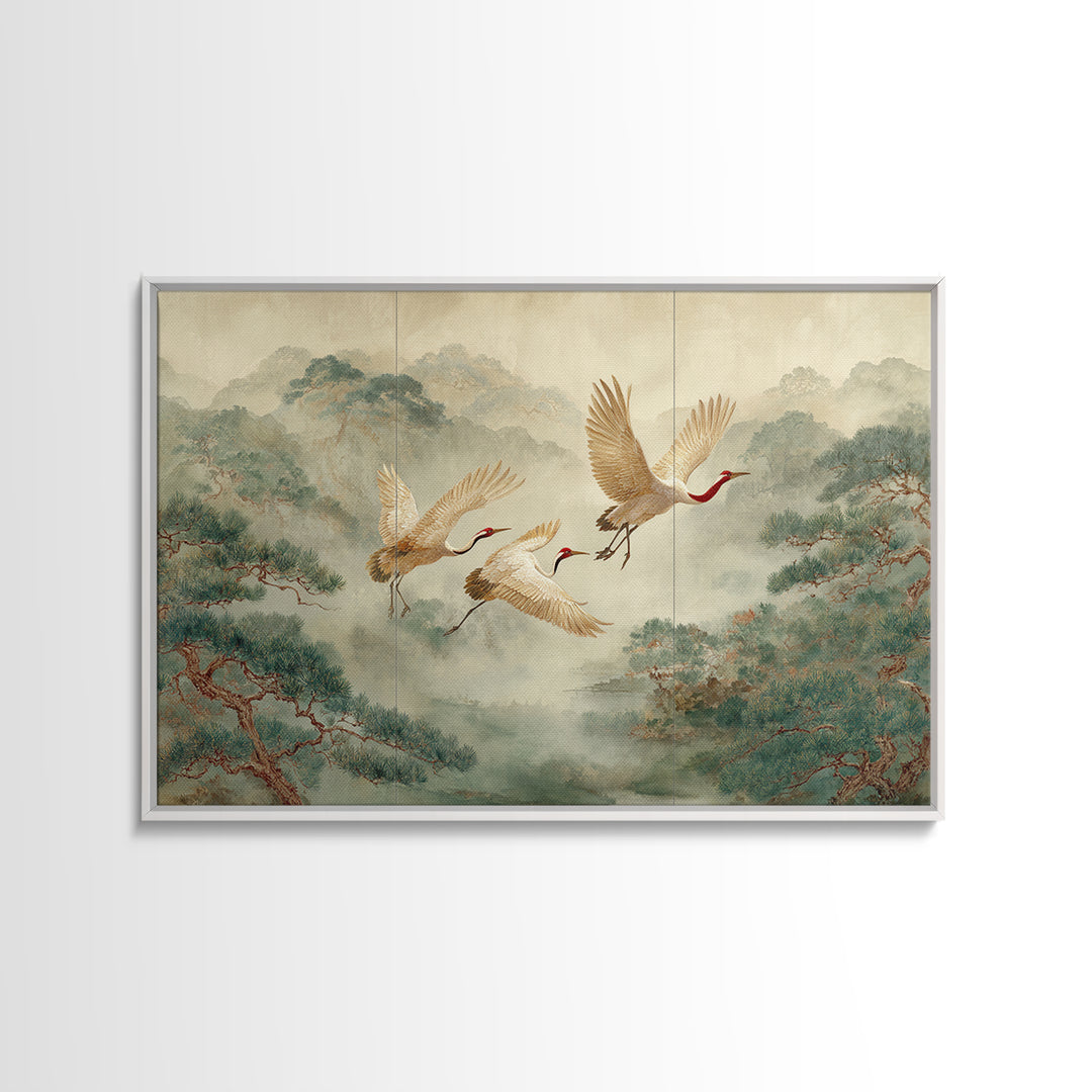 Ethereal Cranes Flying Through Pale Morning Mist Canvas Print, Above Bed Art, Living Room Decor, Bedroom Decor, Serenity, ABA-3x2-13