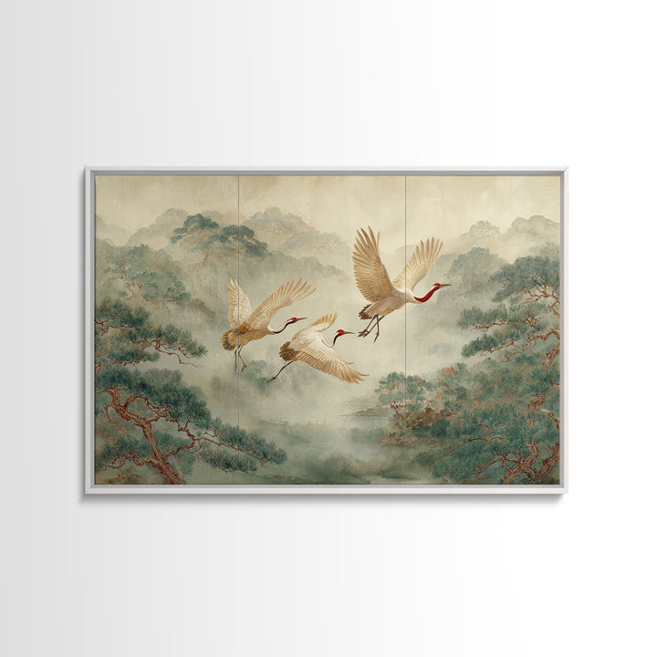 Ethereal Cranes Flying Through Pale Morning Mist Canvas Print, Above Bed Art, Living Room Decor, Bedroom Decor, Serenity, ABA-3x2-13