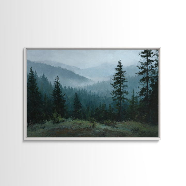 Quiet Forest Ridge Softened by Fog Framed Canvas Print, Above Bed Art, Large Wall Art, Bedroom Decor, Fine Art, Serenity, ABA-3x2-18