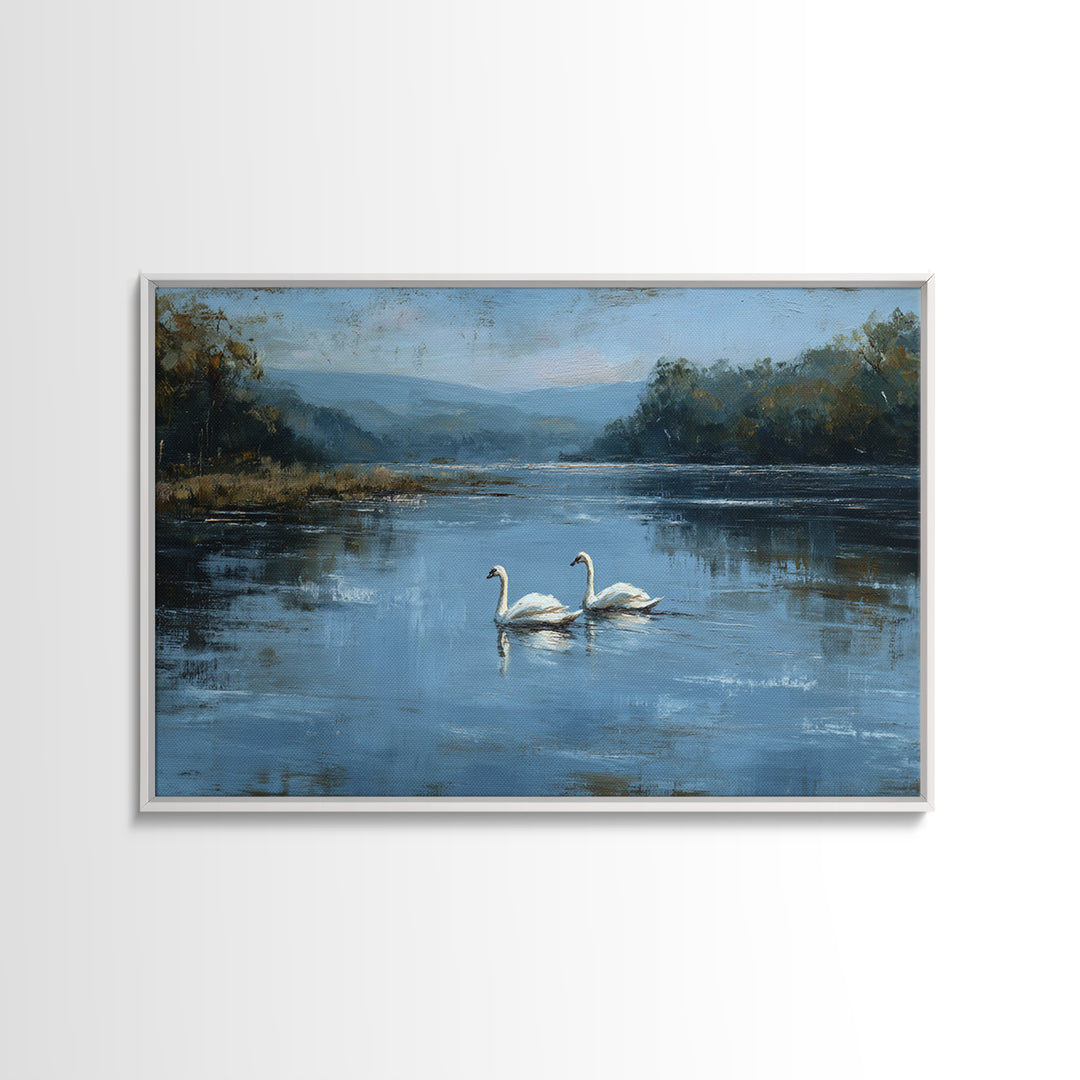 Paired Swans in a Dreamy Painterly Lake Framed Canvas Print, Above Bed Art, Printable Wall Art, Bedroom Decor, Serenity, ABA-3x2-2