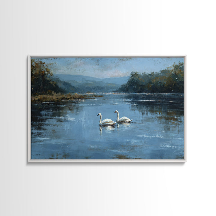 Paired Swans in a Dreamy Painterly Lake Framed Canvas Print, Above Bed Art, Printable Wall Art, Bedroom Decor, Serenity, ABA-3x2-2