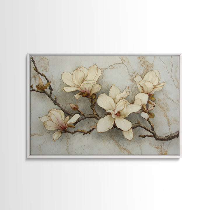 Delicate Magnolia Branch on Cream Background Framed Canvas Print, Above Bed Art, Printable Art, Bedroom Decor, Watercolor Art, ABA-3x2-20