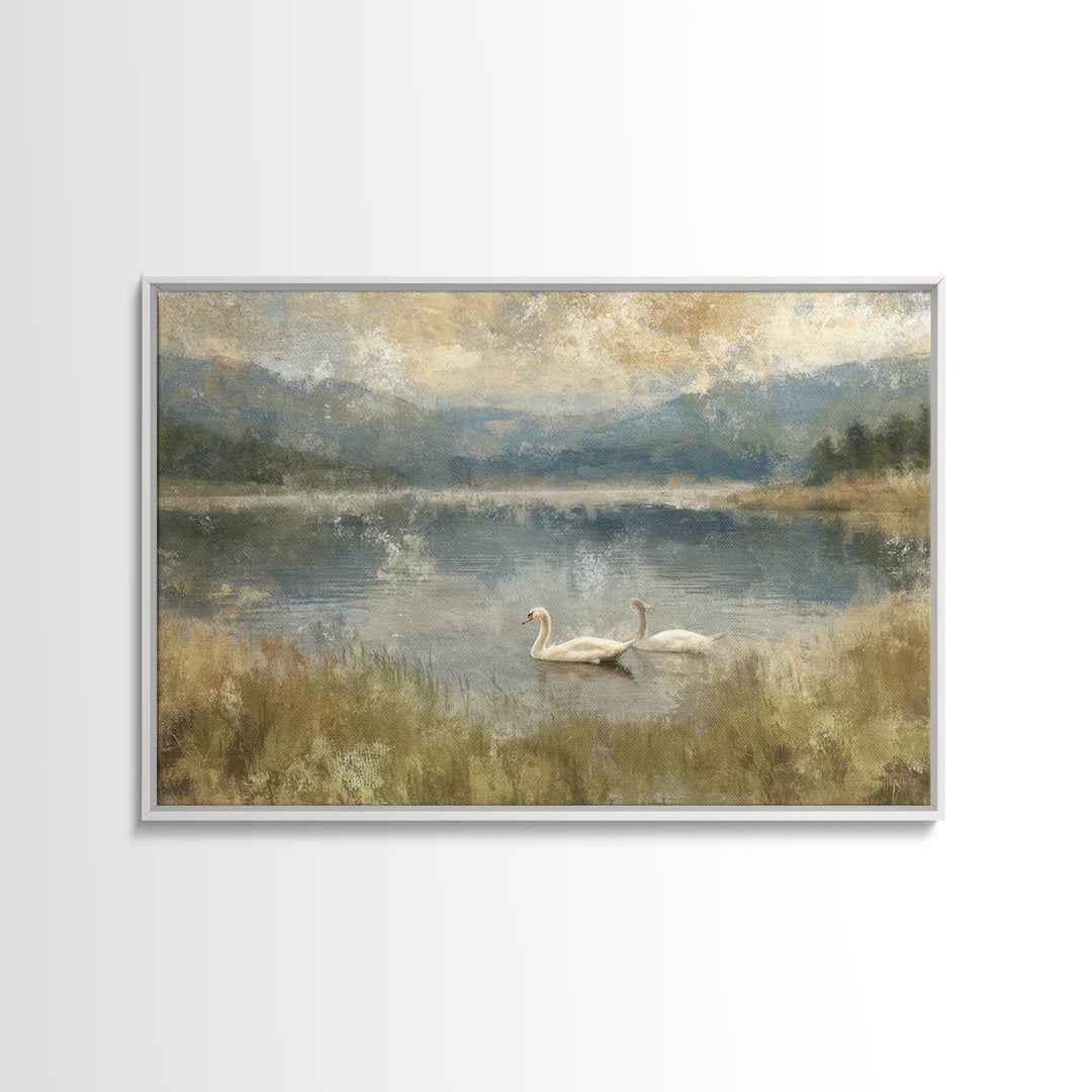 Paired Swans in a Dreamy Painterly Lake Canvas Print, Above Bed Art, Canvas Wall Art, Bedroom Decor, Watercolor Art, Serenity, ABA-3x2-26