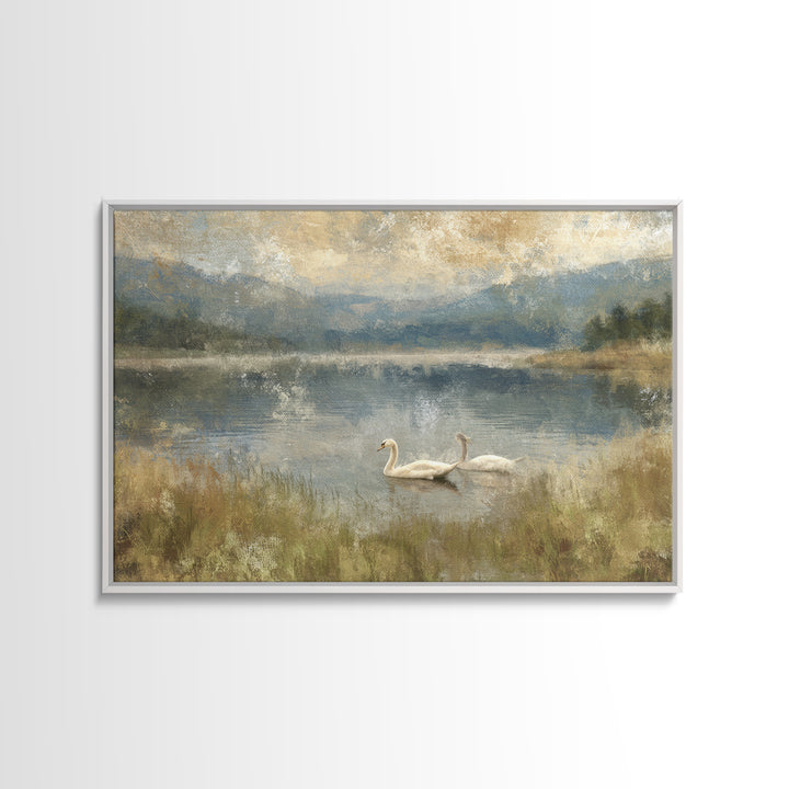 Paired Swans in a Dreamy Painterly Lake Canvas Print, Above Bed Art, Canvas Wall Art, Bedroom Decor, Watercolor Art, Serenity, ABA-3x2-26