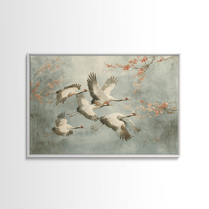 Ethereal Cranes Flying Through Pale Morning Mist Canvas Print, Above Bed Art, Sage Green Wall Art, Bedroom Decor, Oil Painting, ABA-3x2-37
