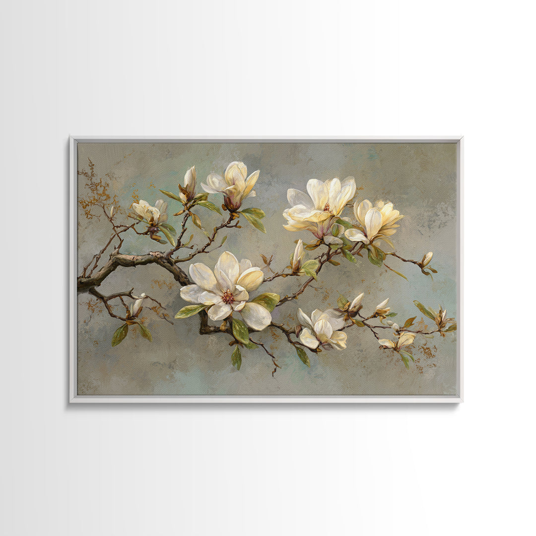 Delicate Magnolia Branch on Cream Background Canvas Print, Above Bed Art, Japanese Wall Art, Bedroom Decor, Fine Art, Serenity, ABA-3x2-44