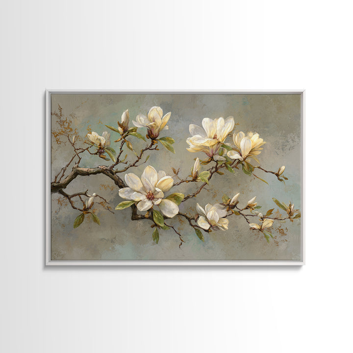 Delicate Magnolia Branch on Cream Background Canvas Print, Above Bed Art, Japanese Wall Art, Bedroom Decor, Fine Art, Serenity, ABA-3x2-44