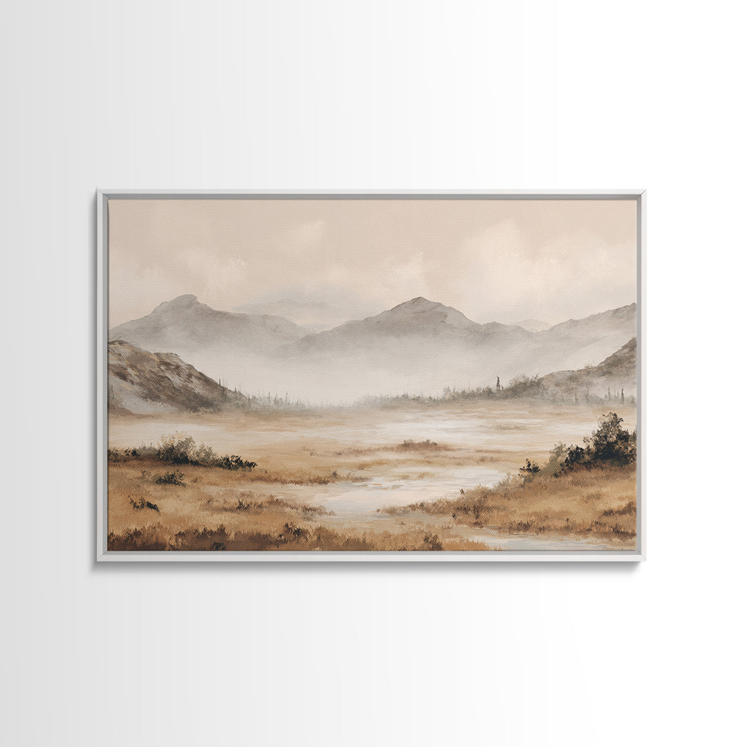 Panoramic Misty Mountain Landscape Framed Canvas Print, Above Bed Art, Dopamine Decor, Bedroom Decor, Oil Painting, Serenity, ABA-3x2-5