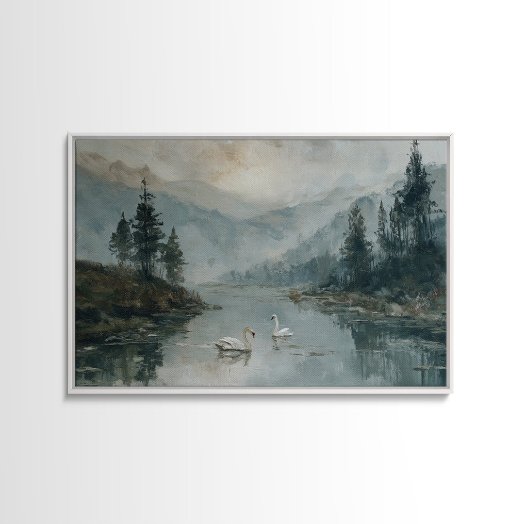 Paired Swans in a Dreamy Painterly Lake Framed Canvas Print, Above Bed Art, Living Room Decor, Bedroom Decor, Serenity, ABA-3x2-50