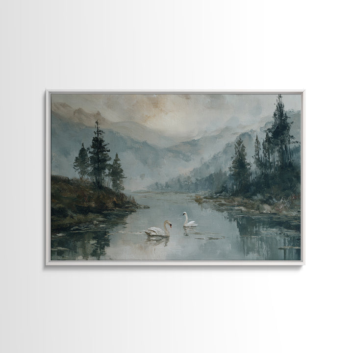Paired Swans in a Dreamy Painterly Lake Framed Canvas Print, Above Bed Art, Living Room Decor, Bedroom Decor, Serenity, ABA-3x2-50