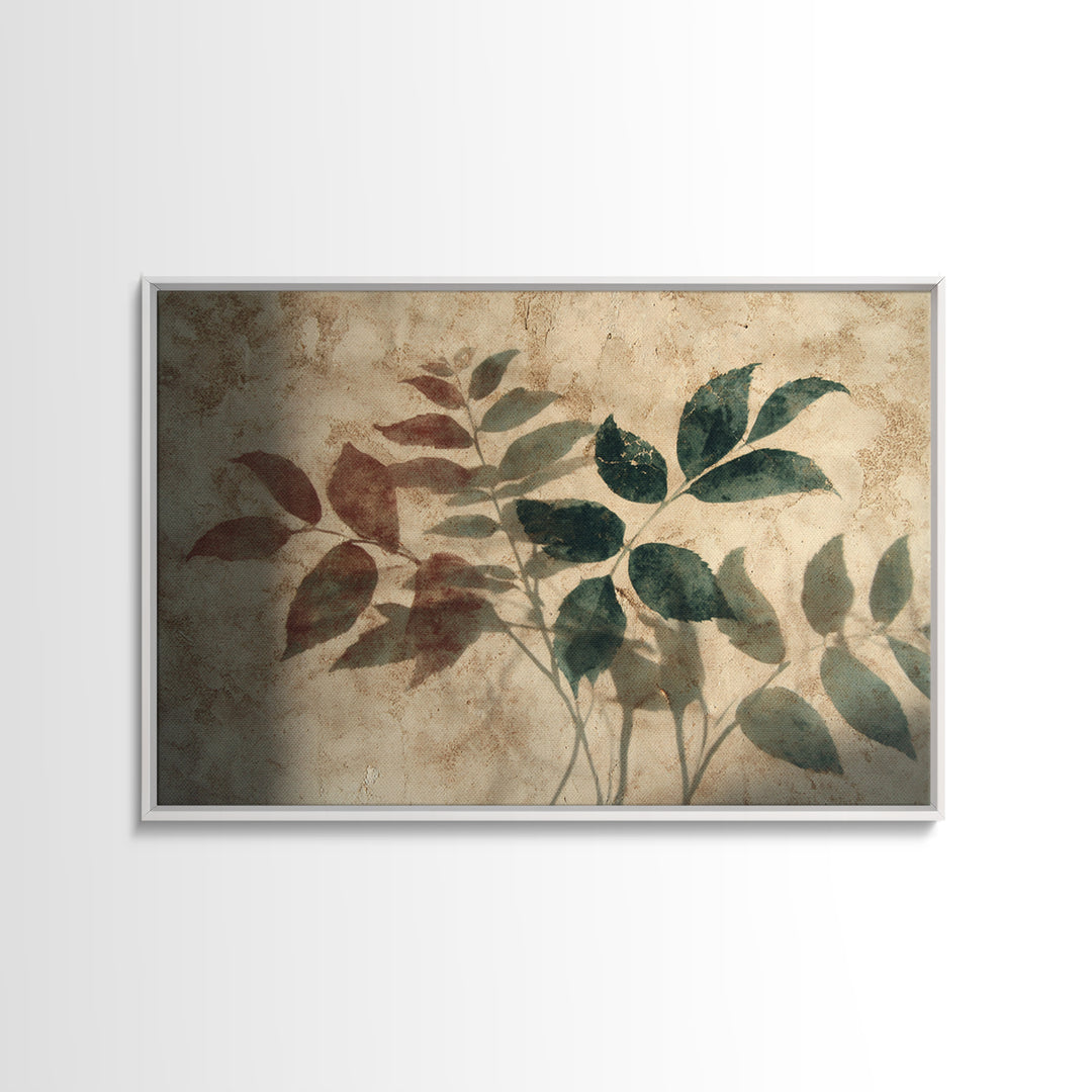Tonal Botanical Shadows on Plaster Surface Canvas Print, Above Bed Art, Living Room Wall Art, Bedroom Decor, Oil Painting, ABA-3x2-51