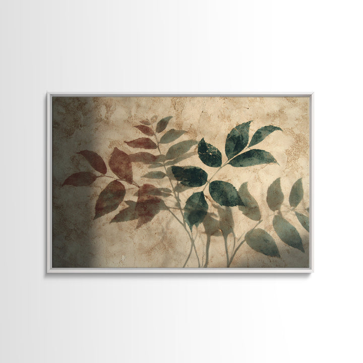 Tonal Botanical Shadows on Plaster Surface Canvas Print, Above Bed Art, Living Room Wall Art, Bedroom Decor, Oil Painting, ABA-3x2-51