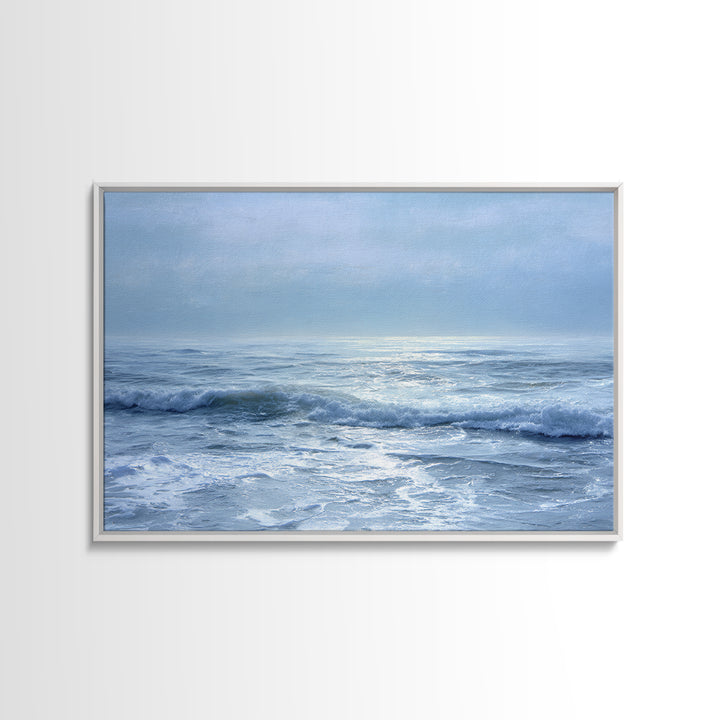 Quiet Moon over a Calm Ocean Horizon Framed Canvas Print, Above Bed Art, Digital Art, Bedroom Decor, Fine Art, Serenity, ABA-3x2-55