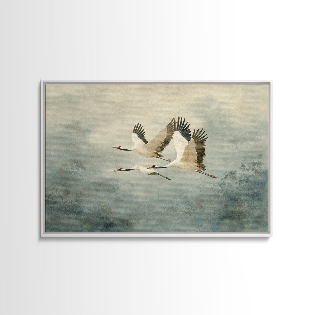 Ethereal Cranes Flying Through Pale Morning Mist Canvas Print, Above Bed Art, Sage Green Wall Art, Bedroom Decor, Oil Painting, ABA-3x2-61