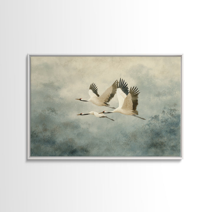 Ethereal Cranes Flying Through Pale Morning Mist Canvas Print, Above Bed Art, Sage Green Wall Art, Bedroom Decor, Oil Painting, ABA-3x2-61