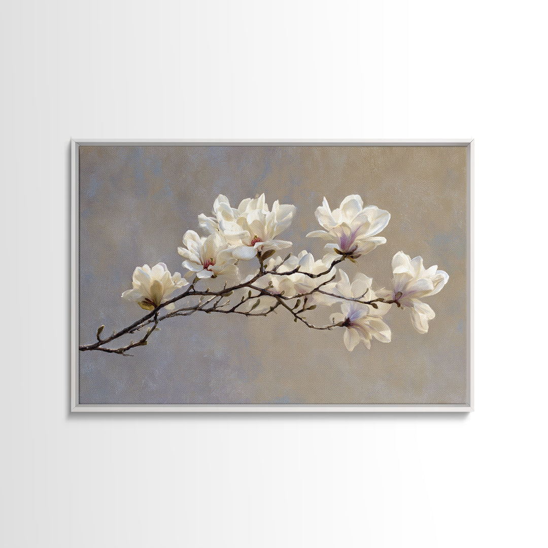 Delicate Magnolia Branch on Cream Background Canvas Print, Above Bed Art, Gallery Decor, Bedroom Decor, Oil Painting, Serenity, ABA-3x2-68