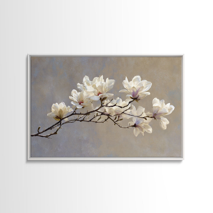 Delicate Magnolia Branch on Cream Background Canvas Print, Above Bed Art, Gallery Decor, Bedroom Decor, Oil Painting, Serenity, ABA-3x2-68