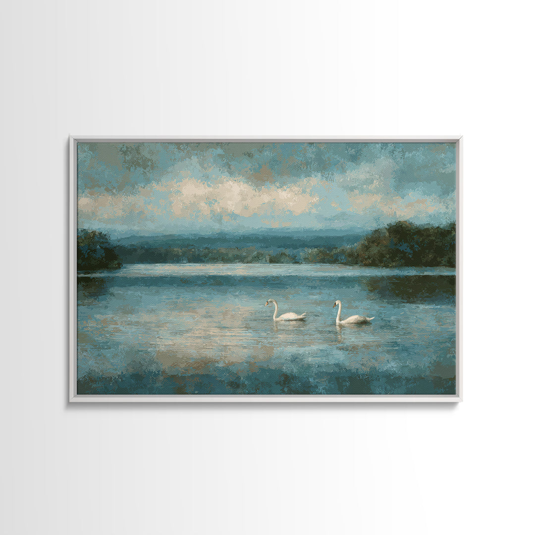 Paired Swans in a Dreamy Painterly Lake Framed Canvas Print, Above Bed Art, Living Room Decor, Bedroom Decor, Serenity, ABA-3x2-74