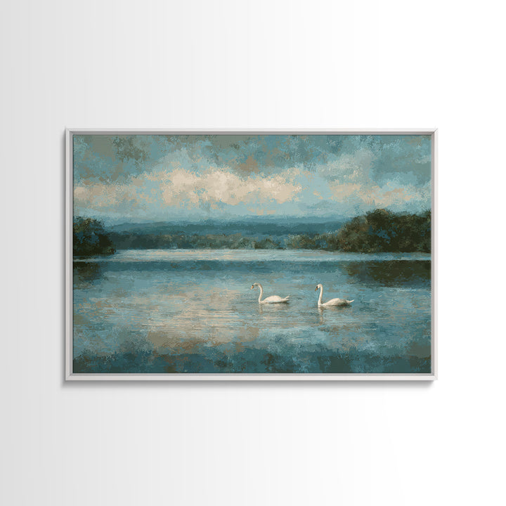Paired Swans in a Dreamy Painterly Lake Framed Canvas Print, Above Bed Art, Living Room Decor, Bedroom Decor, Serenity, ABA-3x2-74