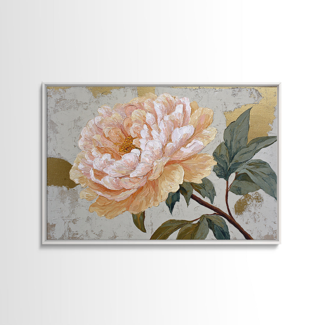 Romantic Oversized Peony Bloom on Warm Linen Framed Canvas Print, Above Bed Art, Boho Wall Decor, Bedroom Decor, Abstract Art, ABA-3x2-78