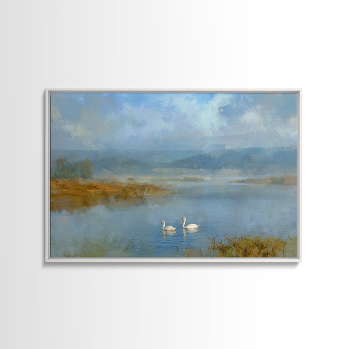 Paired Swans in a Dreamy Painterly Lake Canvas Print, Above Bed Art, Sage Green Wall Art, Bedroom Decor, Oil Painting, Serenity, ABA-3x2-98