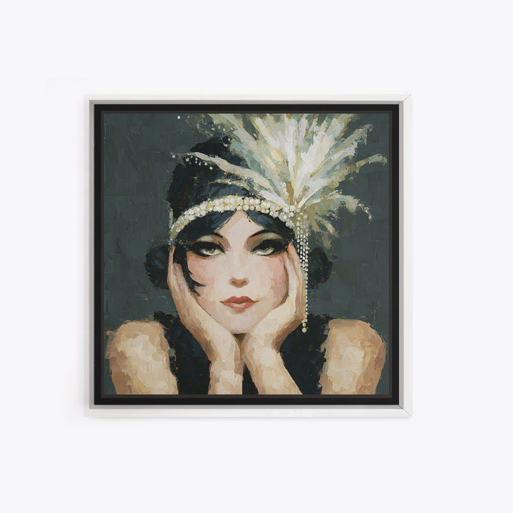 Flapper Portrait with Pearl Strands and Dramatic Framed Canvas Print, Art Deco Art, Gallery Decor, Living Room Decor, Glamour, ADA-1x1-38