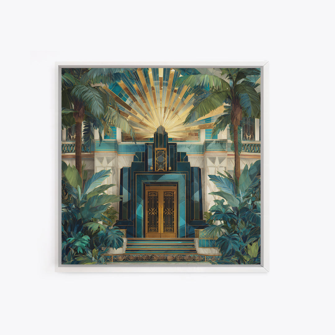 Tropical Hotel Facade Framed Canvas Print, Art Deco Art, Room Decor, Living Room Decor, Fine Art, Glamour, Digital Art, ADA-1x1-40