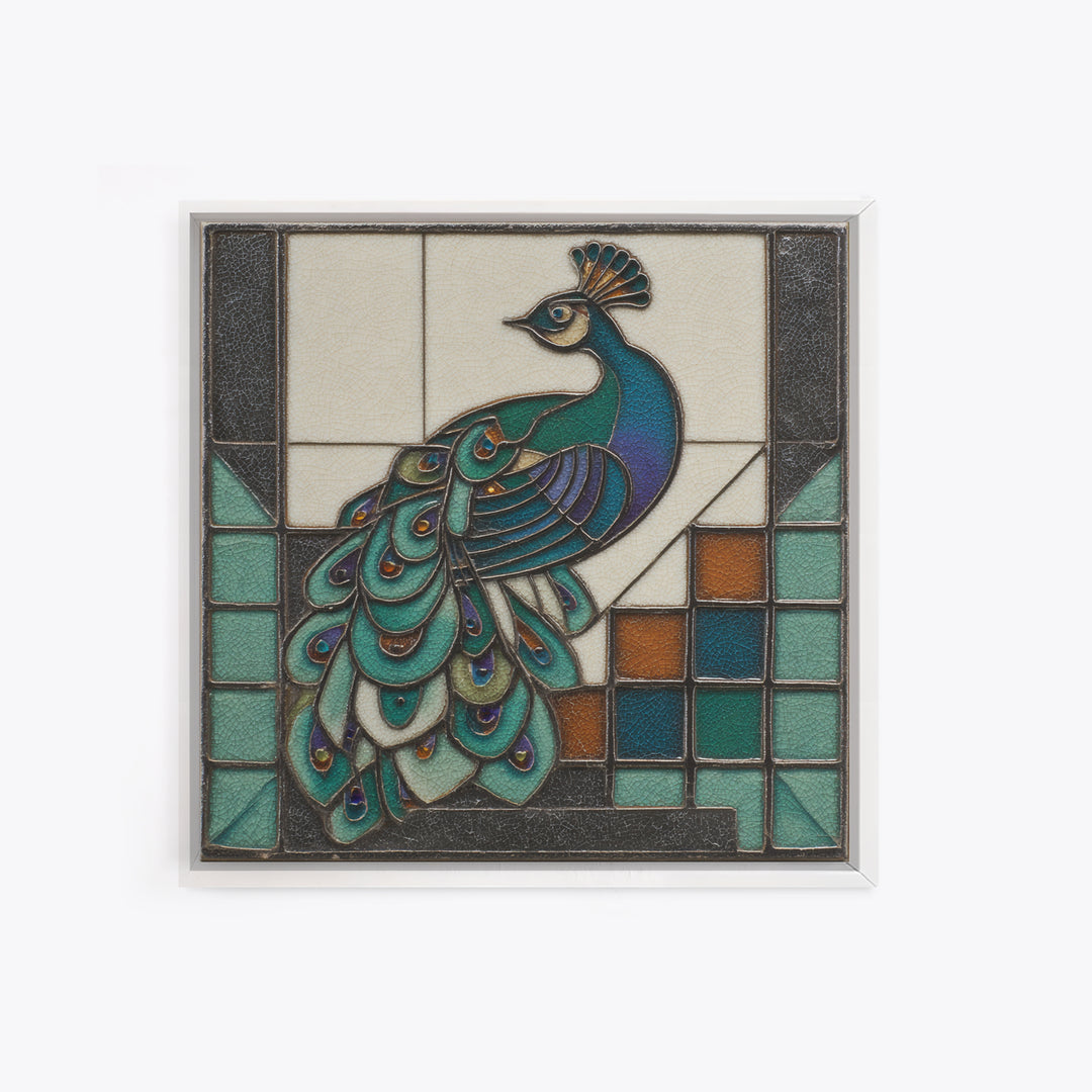 Sleek Peacock with Jeweled Feathers and Stepped Canvas Print, Art Deco Art, Blue Wallpaper, Living Room Decor, Glamour, ADA-1x1-51