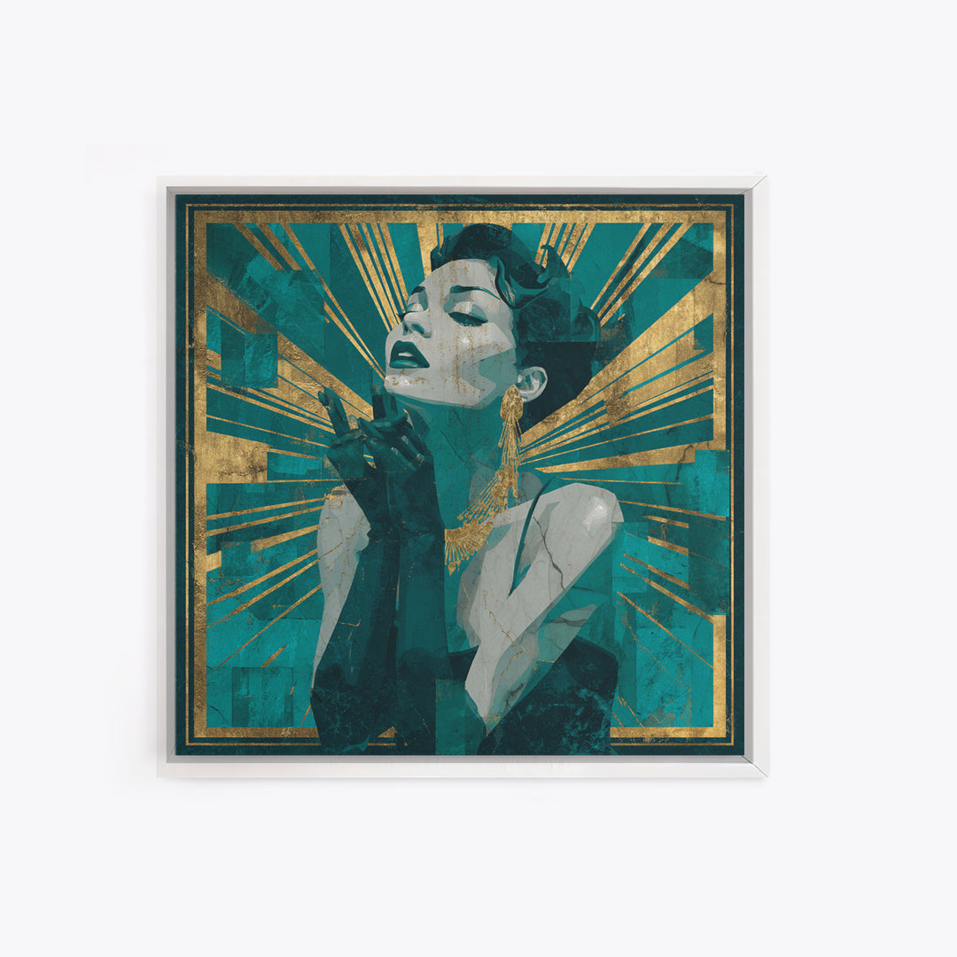 Moonlit Jazz Singer Framed by Gold Lines Canvas Print, Art Deco Art, Fine Art Print, Living Room Decor, Abstract Art, Glamour, ADA-1x1-95