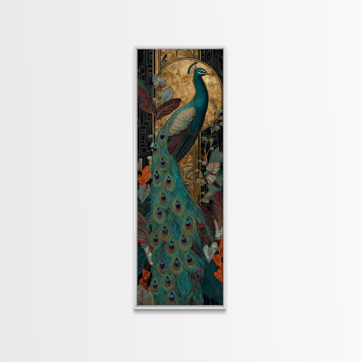 Emerald Peacock Feather Pattern Framed Canvas Print, Art Deco Art, Art Prints, Living Room Decor, Glamour, Apartment Decor, ADA-1x3-36