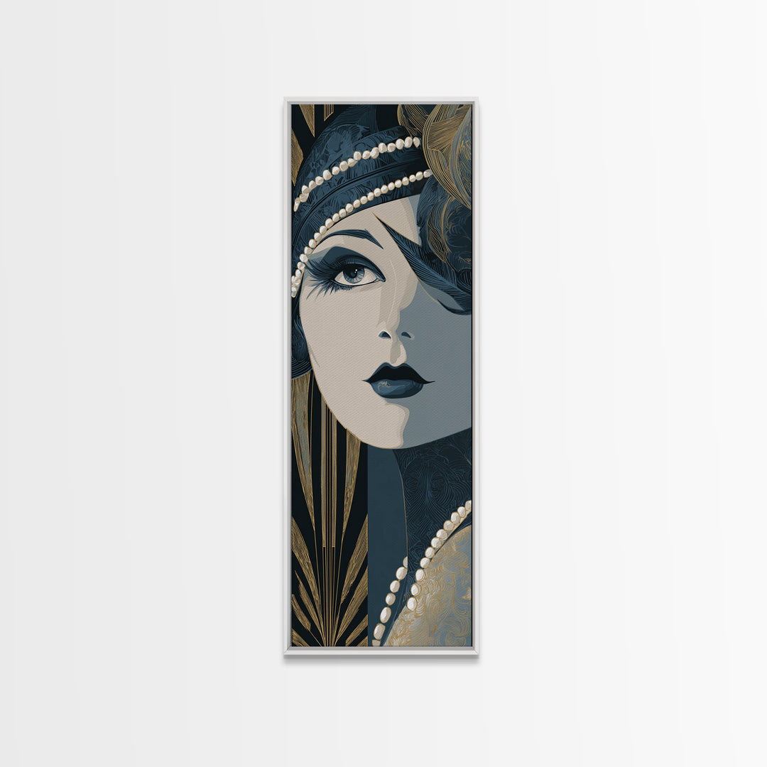 Flapper Portrait with Pearl Strands and Dramatic Canvas Print, Art Deco Art, Fine Art Print, Living Room Decor, Glamour, ADA-1x3-50