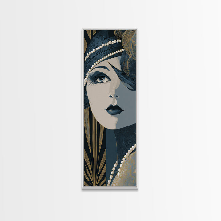 Flapper Portrait with Pearl Strands and Dramatic Canvas Print, Art Deco Art, Fine Art Print, Living Room Decor, Glamour, ADA-1x3-50