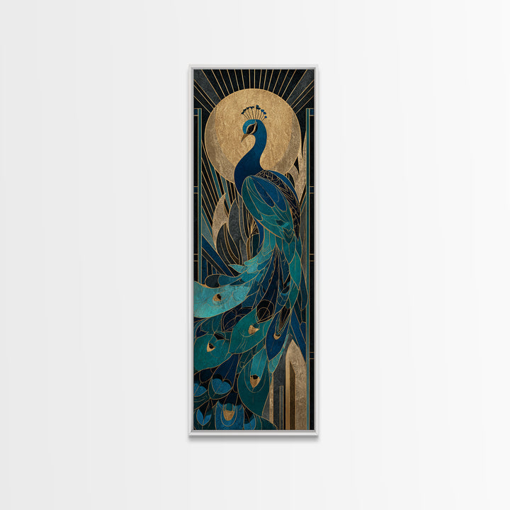 Sleek Peacock with Jeweled Feathers and Stepped Canvas Print, Art Deco Art, Blue Wallpaper, Living Room Decor, Abstract Art, ADA-1x3-63