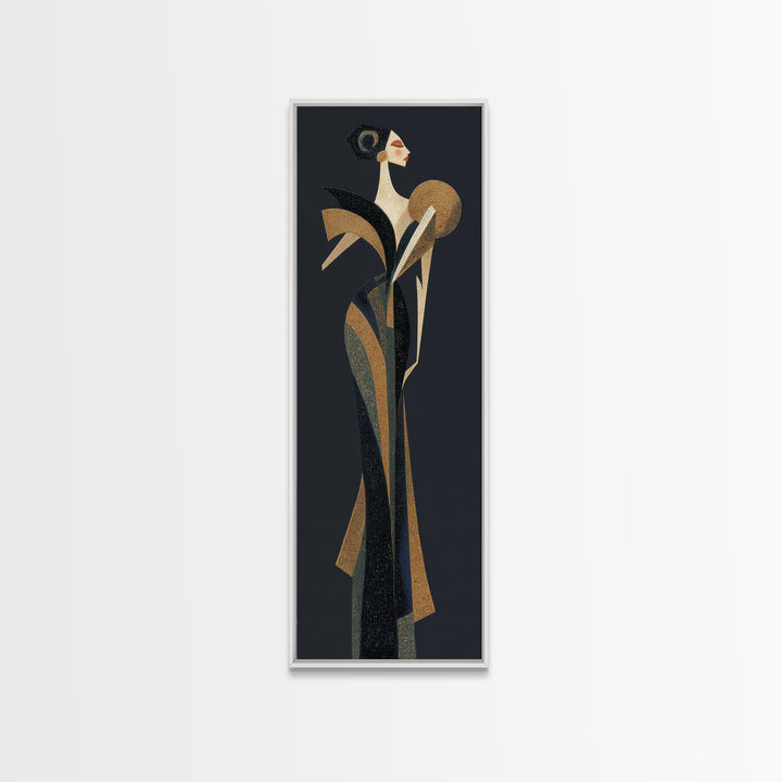 Deco Dancer in Beaded Dress and Angular Framed Canvas Print, Art Deco Art, Boho Decor, Living Room Decor, Oil Painting, Glamour, ADA-1x3-91