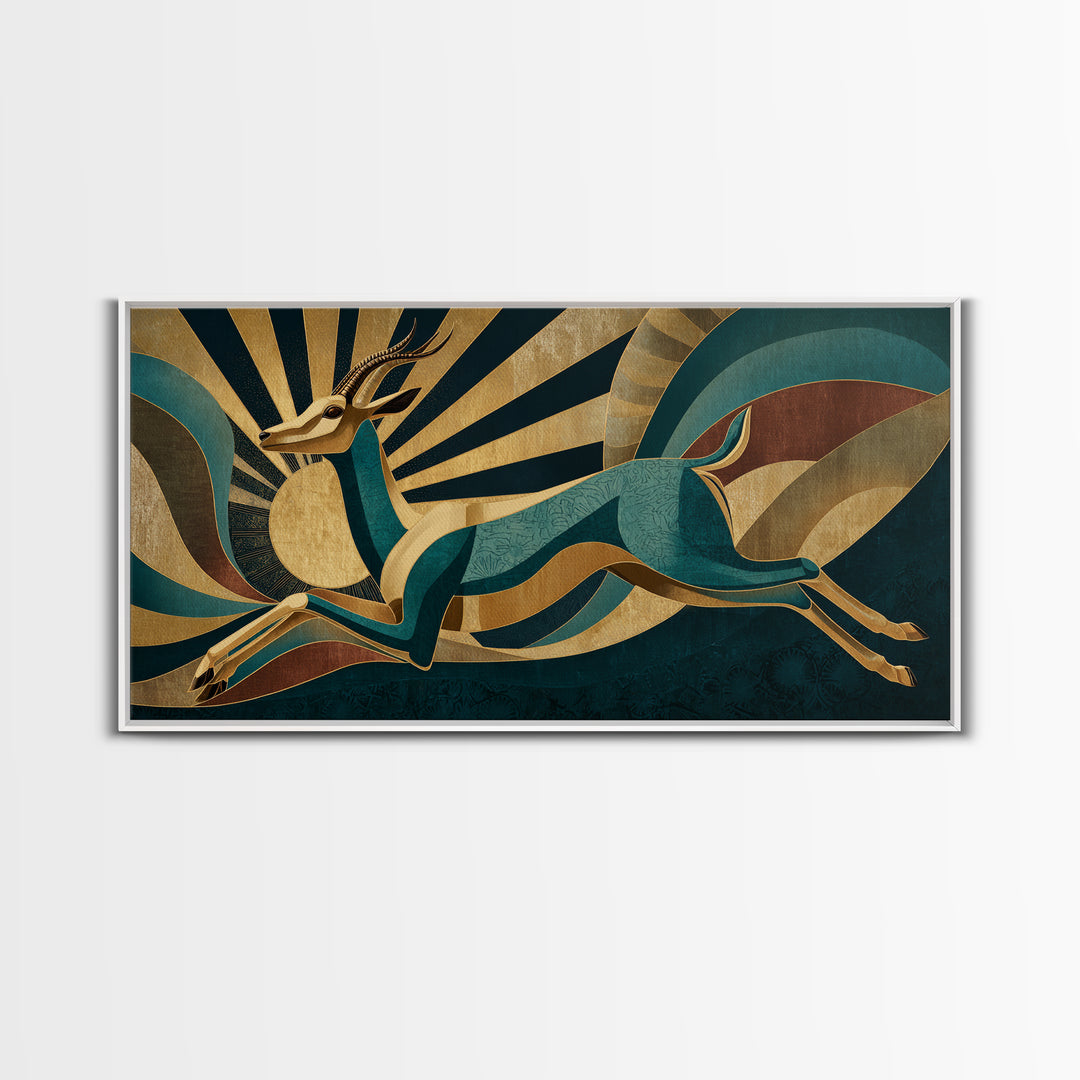 Stylized Gazelle Leaping Through Gold Rays Framed Canvas Print, Art Deco Art, Wall Decor, Living Room Decor, Fine Art, Glamour, ADA-2x1-33