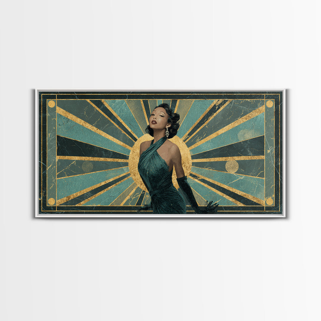 Moonlit Jazz Singer Framed by Gold Lines Framed Canvas Print, Art Deco Art, Digital Art, Living Room Decor, Fine Art, Glamour, ADA-2x1-43