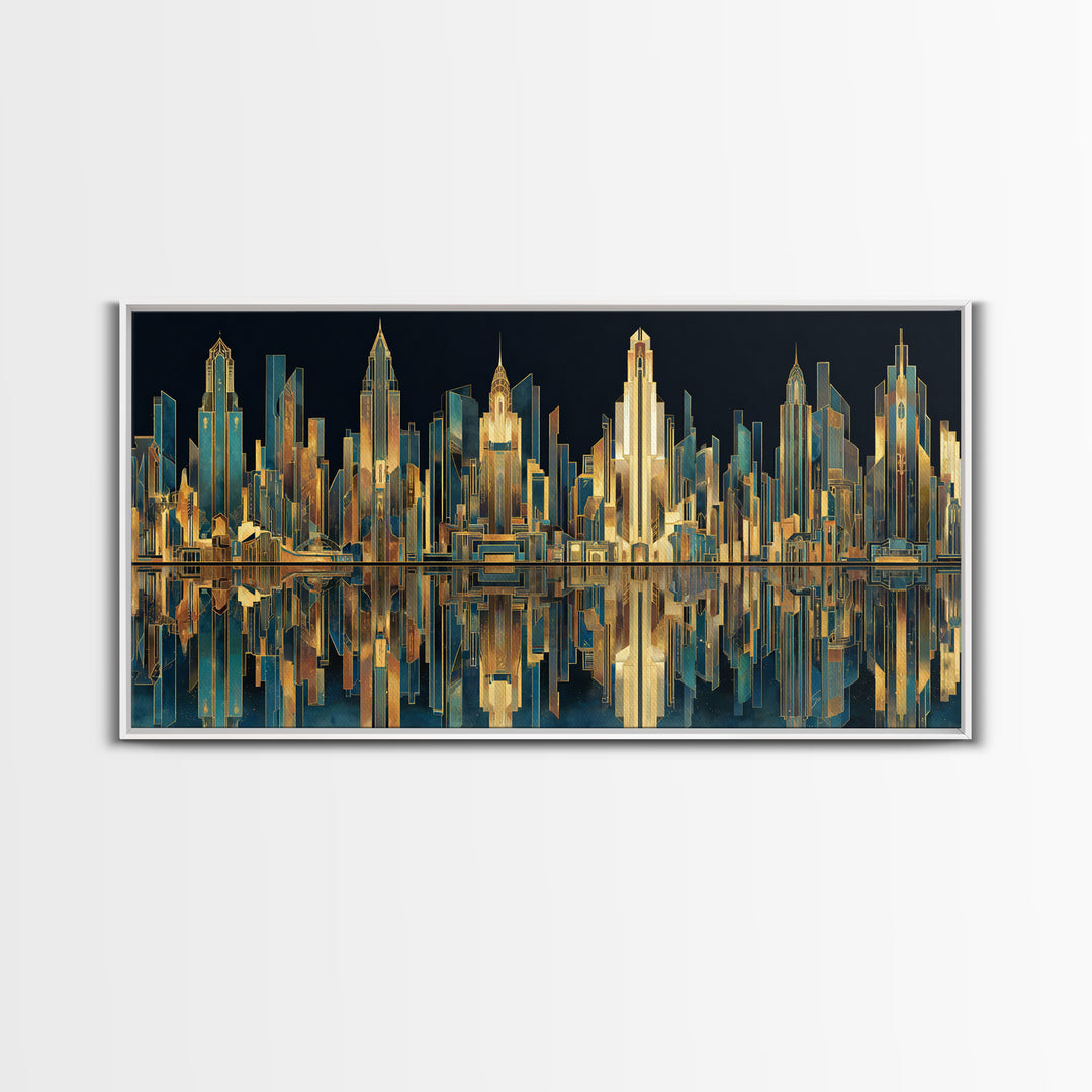 Stylized City Skyline Framed Canvas Print, Art Deco Art, Art, Living Room Decor, Fine Art, Glamour, Art Nouveau, Abstract Art, ADA-2x1-50