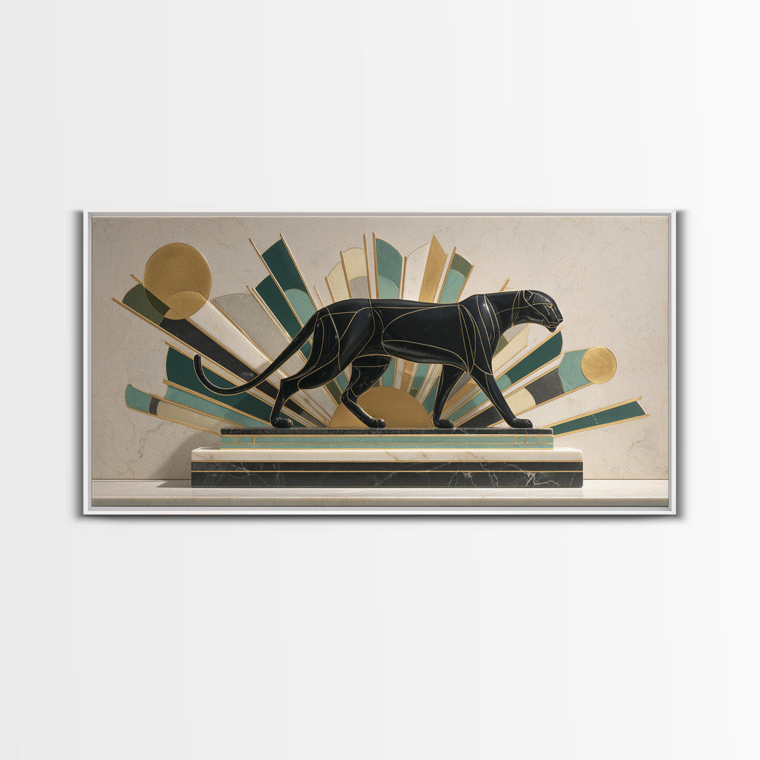 Black Panther Sculpture on a Marble Plinth Framed Canvas Print, Art Deco Art, Gallery Wall Art, Living Room Decor, Glamour, ADA-2x1-79